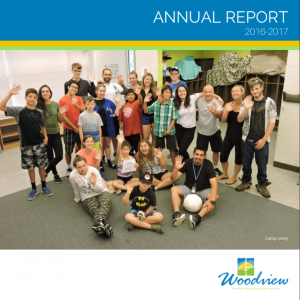 annual report cover, group picture of woodview staff