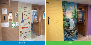 before and after of front office wall renovation