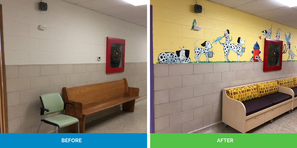 before and after of hallway mural